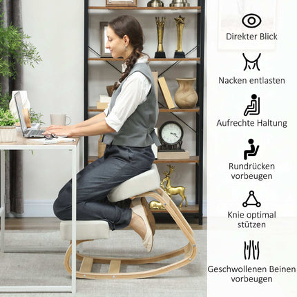 Ergonomiška klūpėjimo kėdė, beržo mediena, kreminės baltos spalvos, 120 kg keliamoji galia