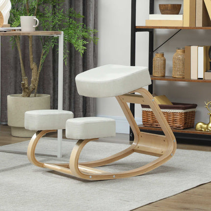 Ergonomiška klūpėjimo kėdė, beržo mediena, kreminės baltos spalvos, 120 kg keliamoji galia