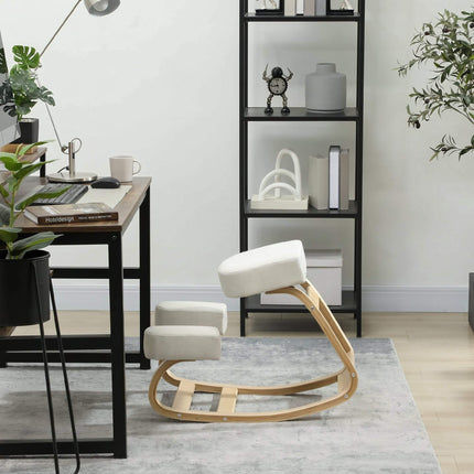 Ergonomiška klūpėjimo kėdė, beržo mediena, kreminės baltos spalvos, 120 kg keliamoji galia
