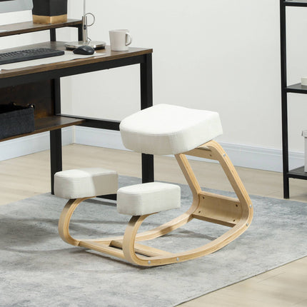 Ergonomiška klūpėjimo kėdė, beržo mediena, kreminės baltos spalvos, 120 kg keliamoji galia