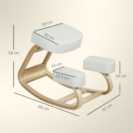 Ergonomiška klūpėjimo kėdė, beržo mediena, kreminės baltos spalvos, 120 kg keliamoji galia