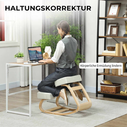 Ergonomiška klūpėjimo kėdė, beržo mediena, kreminės baltos spalvos, 120 kg keliamoji galia