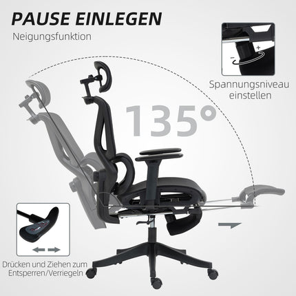 Ergonomiška biuro kėdė, reguliuojama, 135° atlošta, juoda