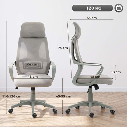 Ergonomiška biuro kėdė, reguliuojamo aukščio su galvos atrama, pilka