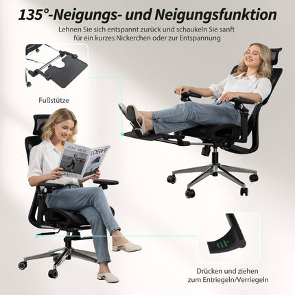Ergonomiška biuro kėdė, reguliuojamas juosmens ir galvos atlošas, juodas tinklelis