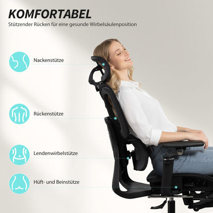 Ergonomiška biuro kėdė, reguliuojamas juosmens ir galvos atlošas, juodas tinklelis