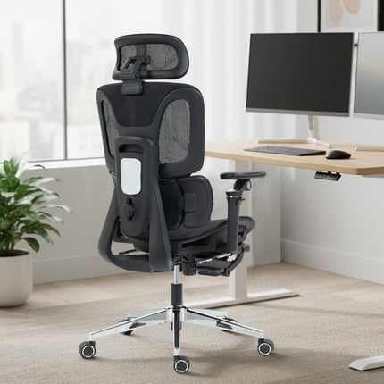 Ergonomiška biuro kėdė, reguliuojamas juosmens ir galvos atlošas, juodas tinklelis