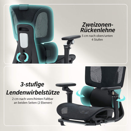 Ergonomiška biuro kėdė, reguliuojamas juosmens ir galvos atlošas, juodas tinklelis