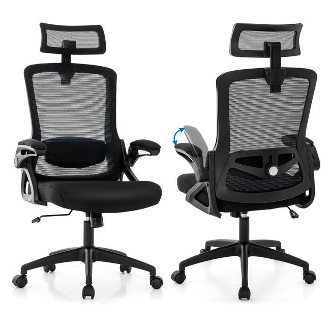 Ergonomiška biuro kėdė su reguliuojamu juosmens atrama ir galvos atrama, kompiuterio kėdė, juoda
