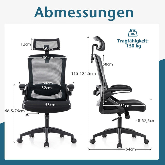 Ergonomiška biuro kėdė su reguliuojamu juosmens atrama ir galvos atrama, kompiuterio kėdė, juoda