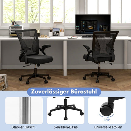 Ergonomiška biuro kėdė su sulankstomais porankiais, vidutinio dydžio atlošas, 57 x 63 x 90-100 cm, juoda