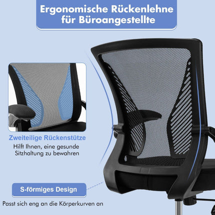 Ergonomiška biuro kėdė su sulankstomais porankiais, vidutinio dydžio atlošas, 57 x 63 x 90-100 cm, juoda