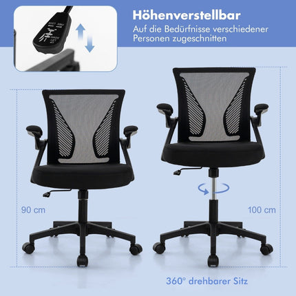 Ergonomiška biuro kėdė su sulankstomais porankiais, vidutinio dydžio atlošas, 57 x 63 x 90-100 cm, juoda