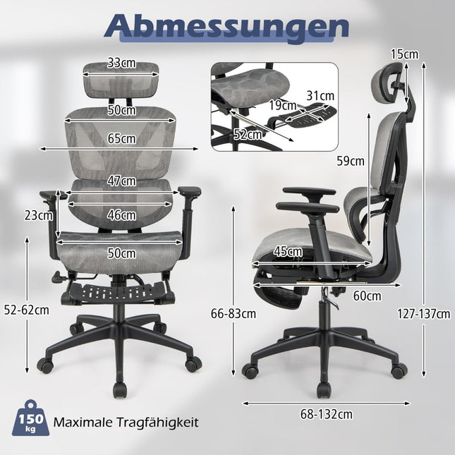 Ergonomiška biuro kėdė su ištraukiama pakoja ir reguliuojamu galvos atlošu, kompiuterio kėdė