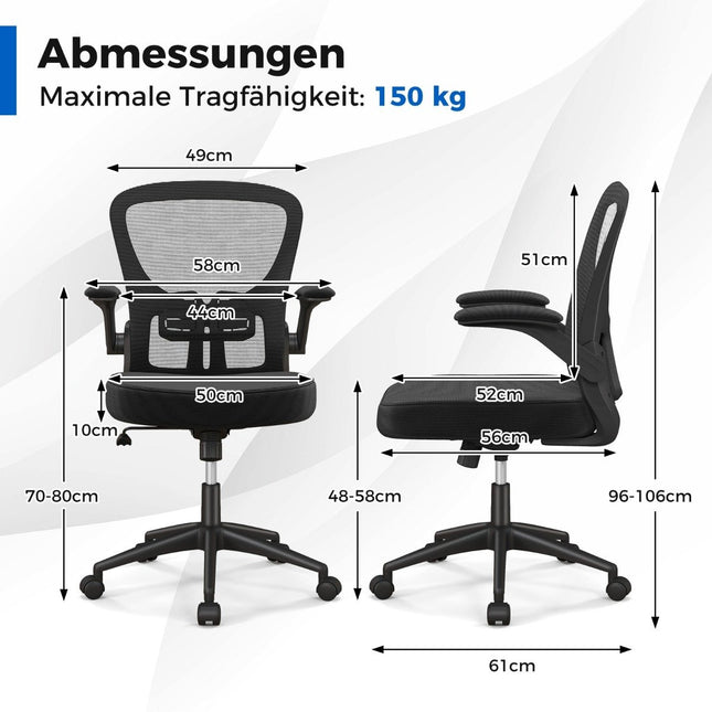 Ergonomiška biuro kėdė su atlenkiamais porankiais, reguliuojama juosmens atrama ir supimo funkcija