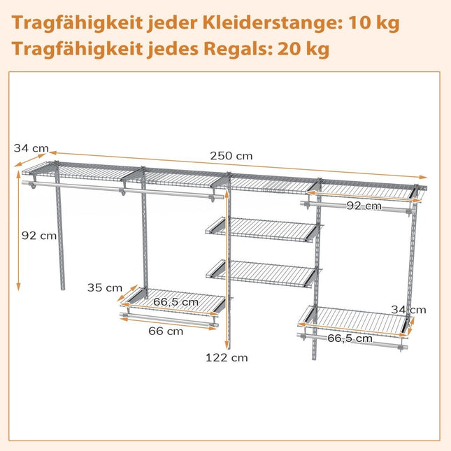 Išplečiama spintos organizavimo sistema, 122-244 cm, pilka