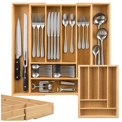 Extendable Bamboo Drawer Organiser for Cutlery, 6 or 8 Compartments, 50.5 cm