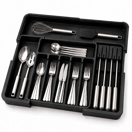 Extendable Cutlery Tray with Knife Insert, Width 33–56.5 cm, Black