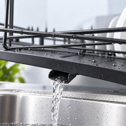 Extendable Dish Drainer 49 to 73 cm with Cutlery Basket, Black, Drip Tray