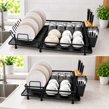Extendable Dish Drainer 49 to 73 cm with Cutlery Basket, Black, Drip Tray