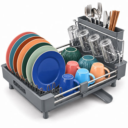 Extendable Dish Drainer with Glass Holder and Cutlery Basket, Grey, 37 to 52 cm