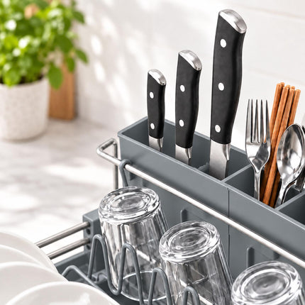 Extendable Dish Drainer with Glass Holder and Cutlery Basket, Grey, 37 to 52 cm