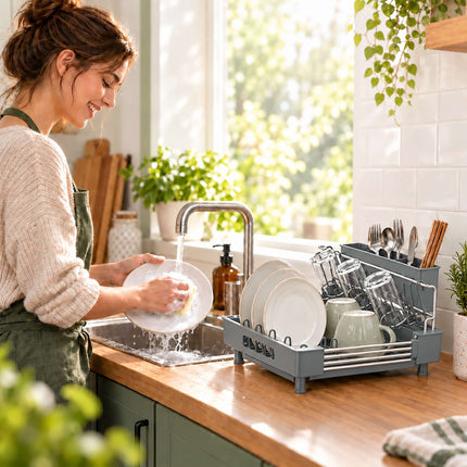 Extendable Dish Drainer with Glass Holder and Cutlery Basket, Grey, 37 to 52 cm