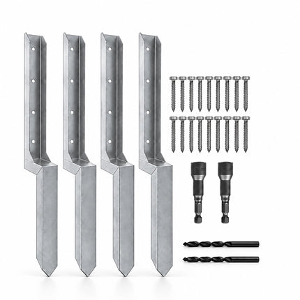 Fence Post Repair Kit with Ground Spike Anchors, 4-Piece Set, Silver