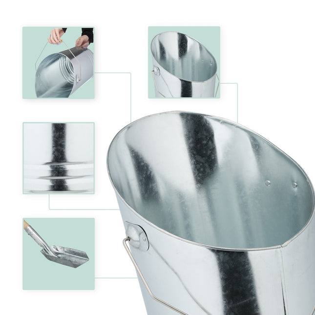 Židinio pelenų kibiras su kastuvu - sidabro spalvos metalas