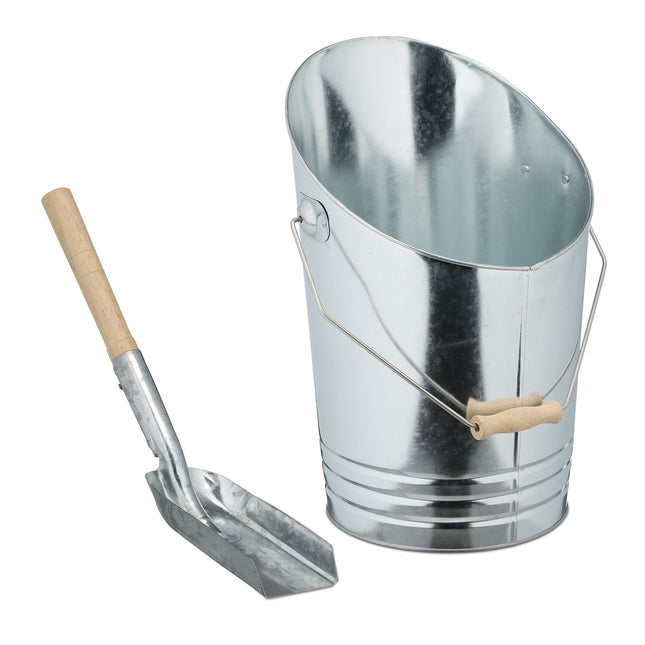 Židinio pelenų kibiras su kastuvu - sidabro spalvos metalas