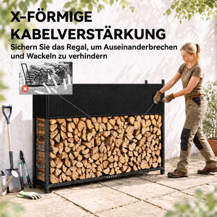 Firewood Rack 202 x 25 x 113 cm with 600D Oxford Cover, Steel, 500 kg, Black