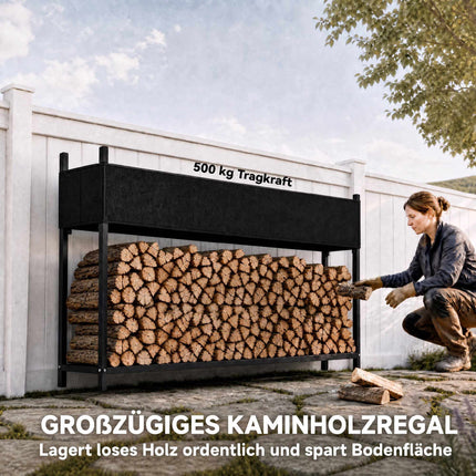 Firewood Rack 202 x 25 x 113 cm with 600D Oxford Cover, Steel, 500 kg, Black