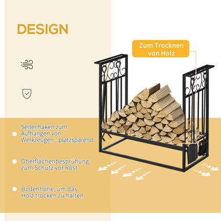 Wood rack in steel with stove tools, 75x30x60 cm
