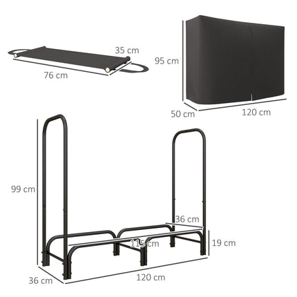 Firewood rack, 0.33 m³, with carrying bag & cover, metal frame, up to 150 kg, 120 x 36 x 99 cm, black