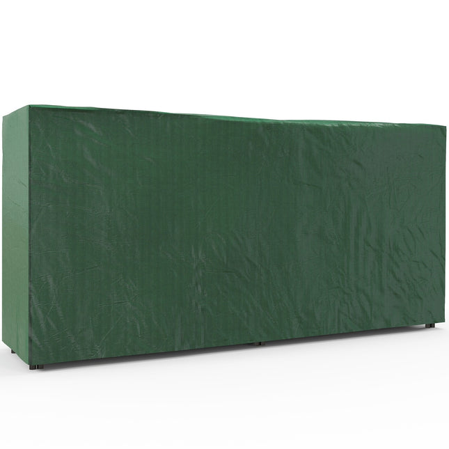 Malkų stovas 200x36x99 cm, reguliuojamas, su vandeniui atspariu uždanga, skirtas malkoms sode ir terasoje, pagamintas iš juodo metalo.