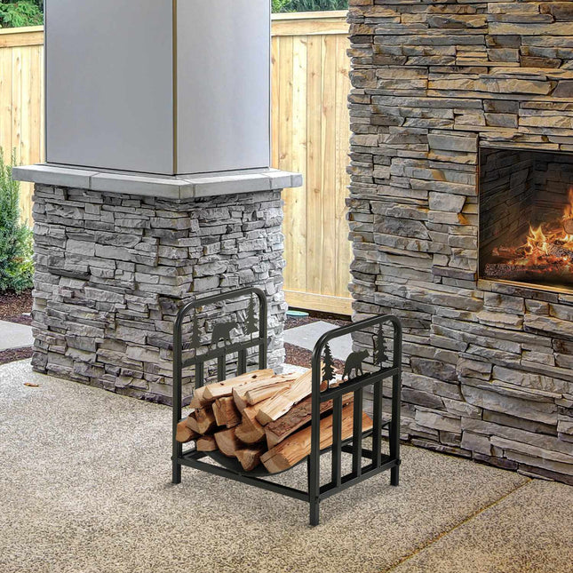 Metal firewood rack with handle, 50 kg capacity, black