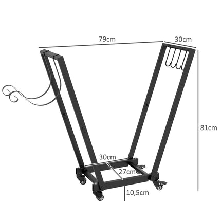 Malkų stovas su ratukais 79 x 30 x 81 cm, malkų stovas sodui ir terasai, juodo metalo, įskaitant prakurą ir įrankių kabliukus