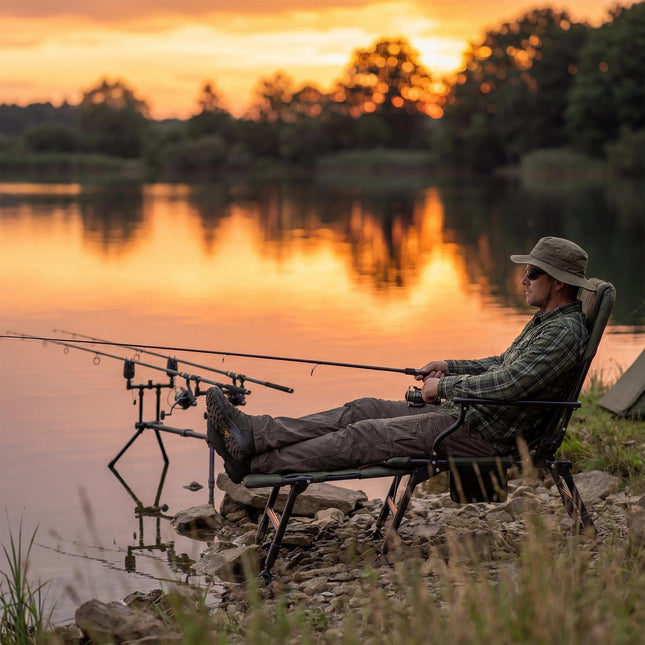 Žvejybos kėdė su pakoja, reguliuojamu atlošu, 180 kg