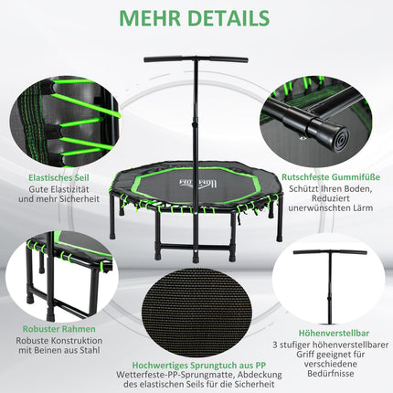 Fitness trampoline with adjustable handle for indoor and outdoor use