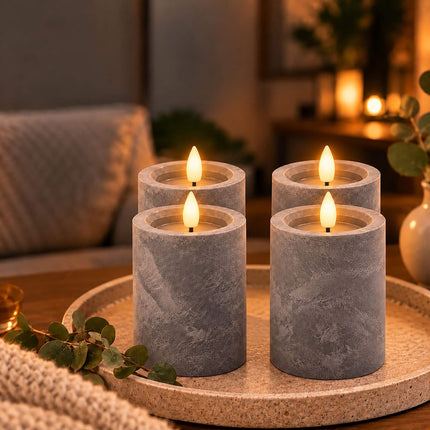 Flameless LED Pillar Candles, Set of 4 with Timer – Concrete Look, Grey
