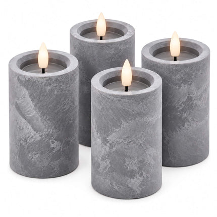 Flameless LED Pillar Candles, Set of 4 with Timer – Concrete Look, Grey