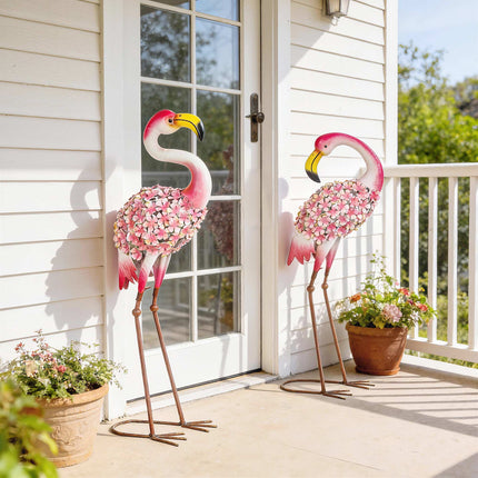 Flamingo sodo statulėlių rinkinys, 2 metaliniai paukščiai su inkarais