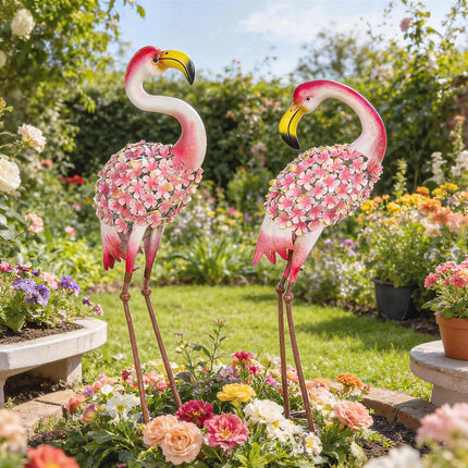 Flamingo sodo statulėlių rinkinys, 2 metaliniai paukščiai su inkarais