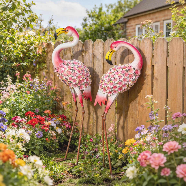 Flamingo sodo statulėlių rinkinys, 2 metaliniai paukščiai su inkarais