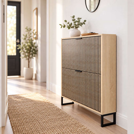 Flip-Down Shoe Cabinet with 2 Compartments, Striped Front, Natural, Black