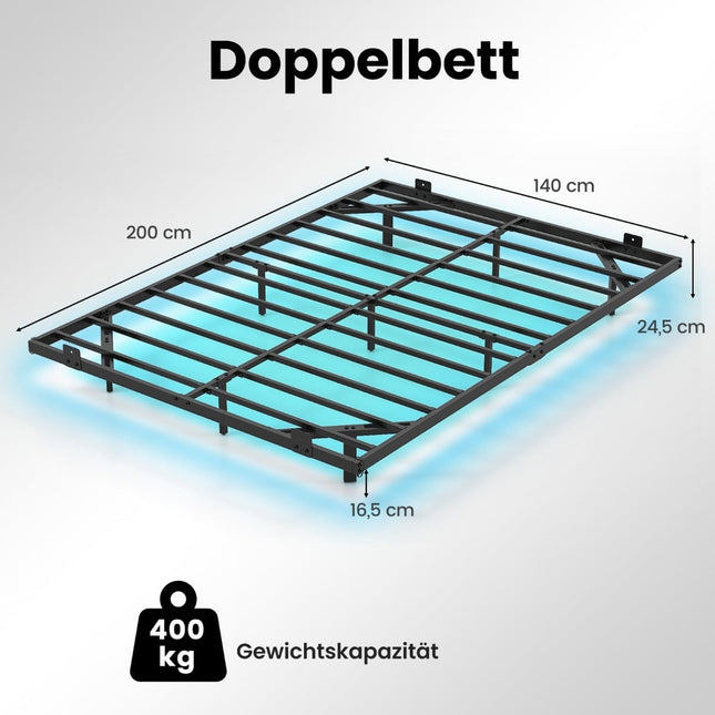 Plaukiojantis metalinis lovos rėmas su LED lemputėmis, juodas, 140x200 cm