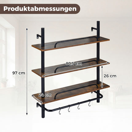 Floating Pipe Wall Shelf with 4 Hooks, 3-Tier, 80.5x24x97 cm