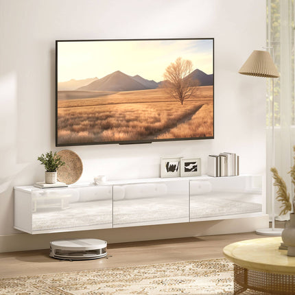 Plaukiojanti TV spintelė, montuojama ant sienos, 3 stalčiai, 180 cm, balta
