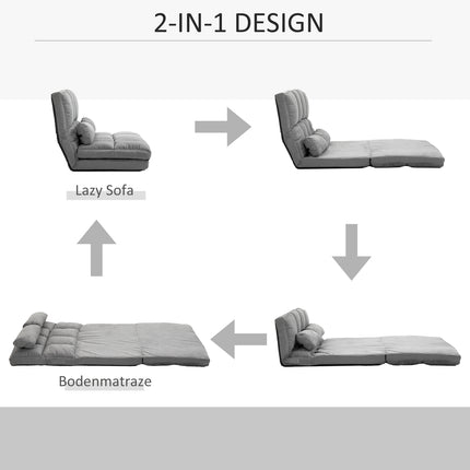 Adjustable 2-in-1 floor chair & bed with backrest, gray velvet