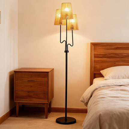 Floor Lamp 175 cm with 3 Woven Paper Shades, E27, Foot Switch, Black
